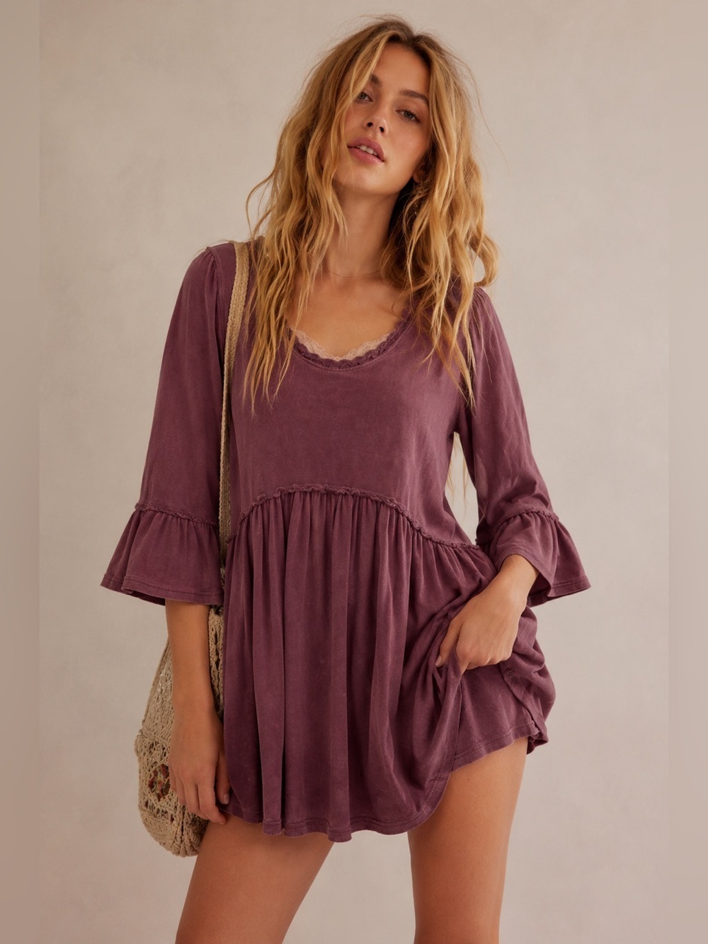 POL Rosalind Babydoll Crochet Swing Top Purple Pink Small
